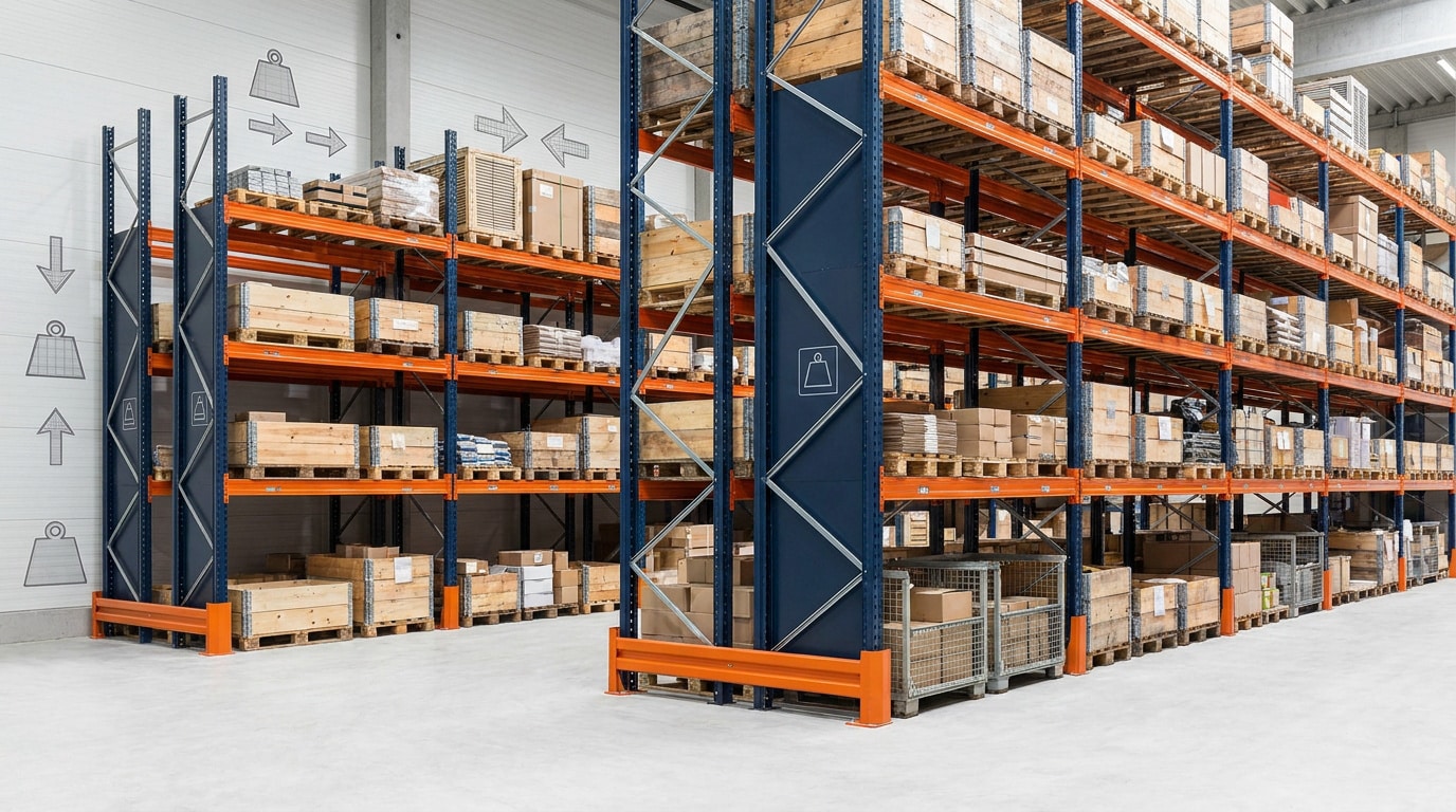 Vue en coupe d'un entrepôt logistique moderne avec rayonnages industriels haute capacité
